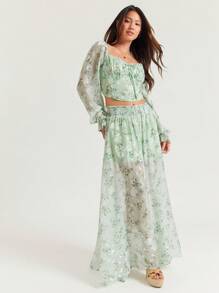 WESTFADE Rok Maxi Bertingkat Chiffon Bermotif Musim Semi dengan Belahan - Hijau - View 3