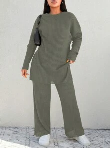 EURMUSE Plus Drop Shoulder Split Hem Tee & Pants - Mint Green - View 1