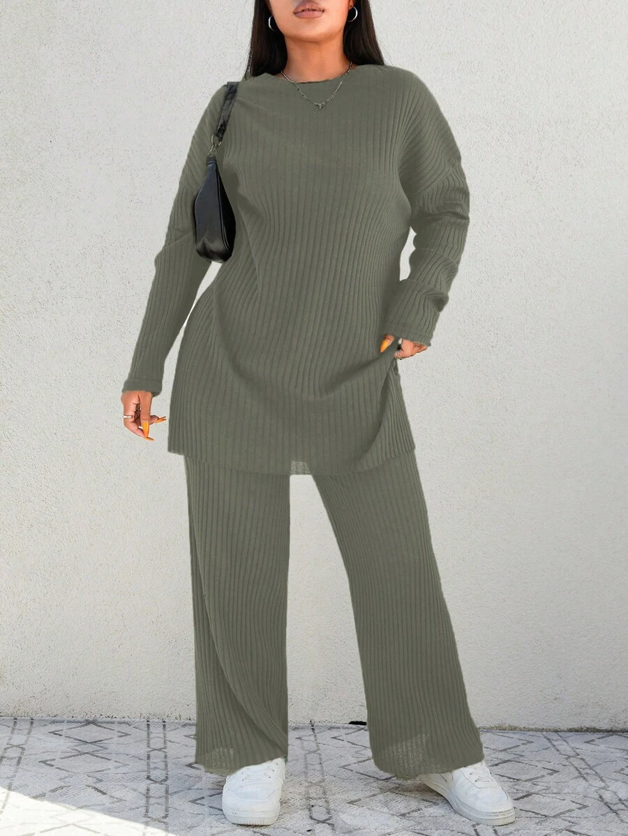 EURMUSE Plus Drop Shoulder Split Hem Tee & Pants - Mint Green - View 1