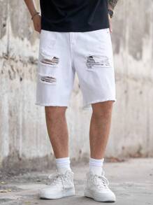 Manfinity LEGND Herren einfarbige Distressed Taschen Lässige Loose Fit Denim-Shorts - Weiss - Übersicht 4