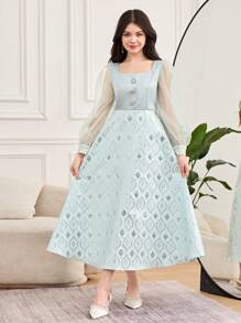 SHEIN TEENGIRL Sparkly Diamond-Patterned Lantern Sleeve Puff Princess Dress