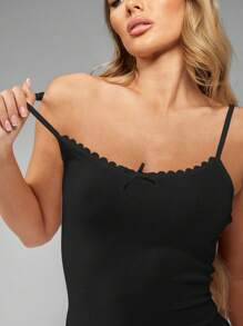 MISSGUIDED Ultra Soft Ribbed Mini Sleep Dress Nightgown Adjustable Strap Sleepwear Loungewear With Scalloped Trim Bedtime Comfort - Black - View 3