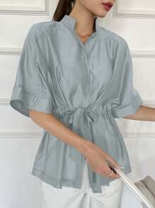 Dazy-Less 女士夏季优雅休闲收腰雪纺短袖衬衫，商务休闲女装，教师学院风上衣 - 霧霾藍 - 查看 3