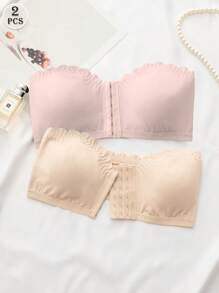 2pcs Women Bras Multi-Color Front Closure Ruffled Push-Up Removable Pads Underwear - Multicolor - View 2