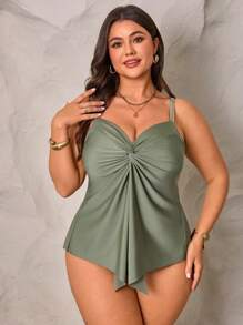 Swim Lushoire Plus Size Women Summer Beach Twist Back Tankini Swimsuit Set - Multicolor - View 4