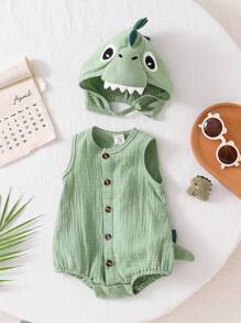 SHEIN Playful Pals 2pcs Baby Boys Summer Green Soft Cotton Dinosaur Bodysuit Dinosaur Hat Set, Cute Style