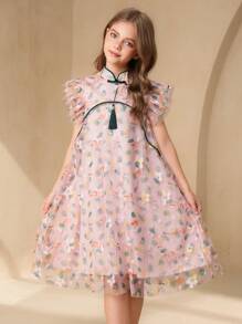 SHEIN 青春期女孩优雅迷人可爱的改良旗袍A字裙 - 彩色 - 查看 4