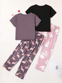 2pcs/Set Girls Flamingo Print Top And Pants Home Outfit, Dark Blue