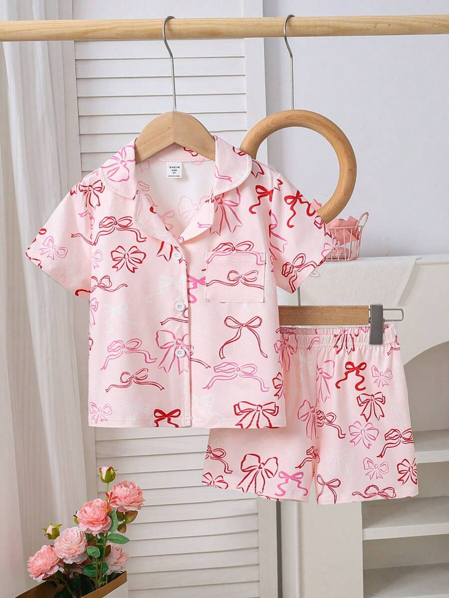2件套女童休闲蝴蝶印花短袖开衫和短裤家居服 - 粉色 - 查看 1