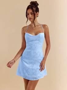 SHEIN BAE Vestido corto de línea A con escote de barco, espalda abierta y tirantes de lazo en textura, color rosa, para primavera/verano