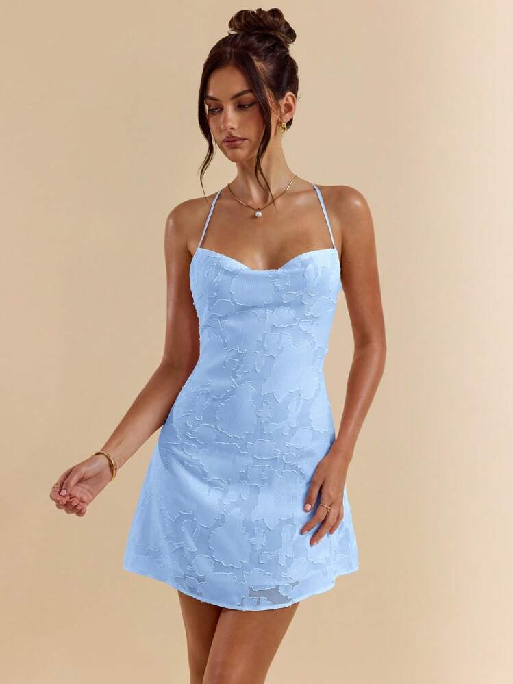 SHEIN BAE Tight Fit Pink Scoop Neck Open Back Tie Straps Textured A-Line Mini Dress, Spring/Summer, Party Dress,Valentine's Day,Valentine Outfits For Women - Baby Blue - View 4