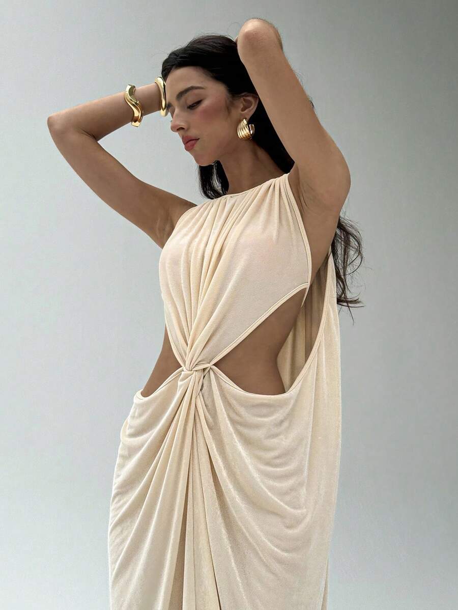 Aloruh 女士优雅婚礼宾客礼服生日派对节日性感仙女裙纯色长裙杏色无袖镂空修身连衣裙 - 杏色 - 查看 1