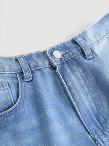 SHEIN Girlism 少女 Y2K 宽松休闲口袋阔腿牛仔裤 - 淺色水洗藍 - 查看 3