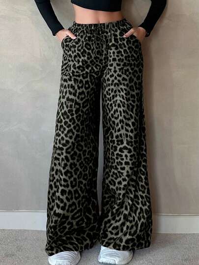 SHEIN Tall Pantalones rectos y anchos de estilo casual con estampado de leopardo