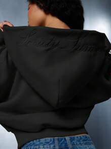 SUMWON WOMEN 半拉链短款运动连帽衫，带蝴蝶结袖子细节，背部刺绣抽绳，现代街头服饰，秋冬运动服，健身休闲服 - 黑色 - 查看 3