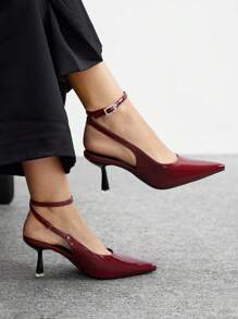 CUCCOO BIZCHIC Women's Fashion Patent Leather Pointed Toe Mule Shoes With Rhinestone Buckle Strap And Slim Mid Heel, Wine Red Color, Suitable For Commuting, Dating, Party, Wedding And Other Occasions - Burgundy - View 1