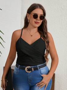SHEIN Clasi Plus Size Women Casual Solid Color Textured Camisole Tank Top For Summer,Business Casual Woman - Black - View 5