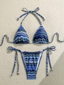 Soleia Women's Halter Swimsuit Set, Triangle Bikini Bottoms, Fashionable For Summer - Blue - View 6