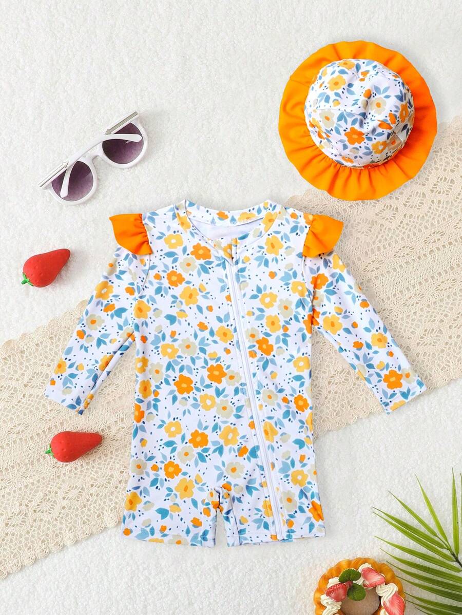 Newborn Cute Fruit Print Rash Guard Swimsuit With Hat - Yellow - View 1