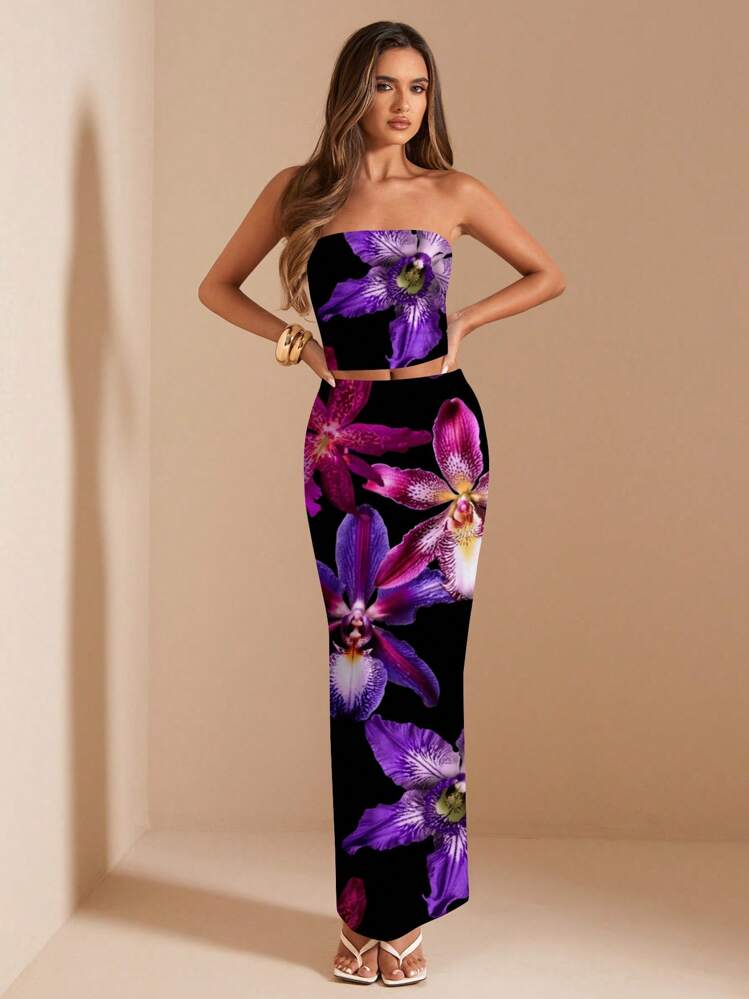 SHEIN BAE 2件套女士花卉印花抹胸和迷你裙优雅套装 - 黑色 - 查看 1