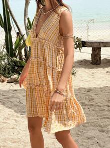 Jouncy Women V-Neck Sleeveless Plaid Dress, Suitable For Summer Casual Vacation - Multicolor - View 6