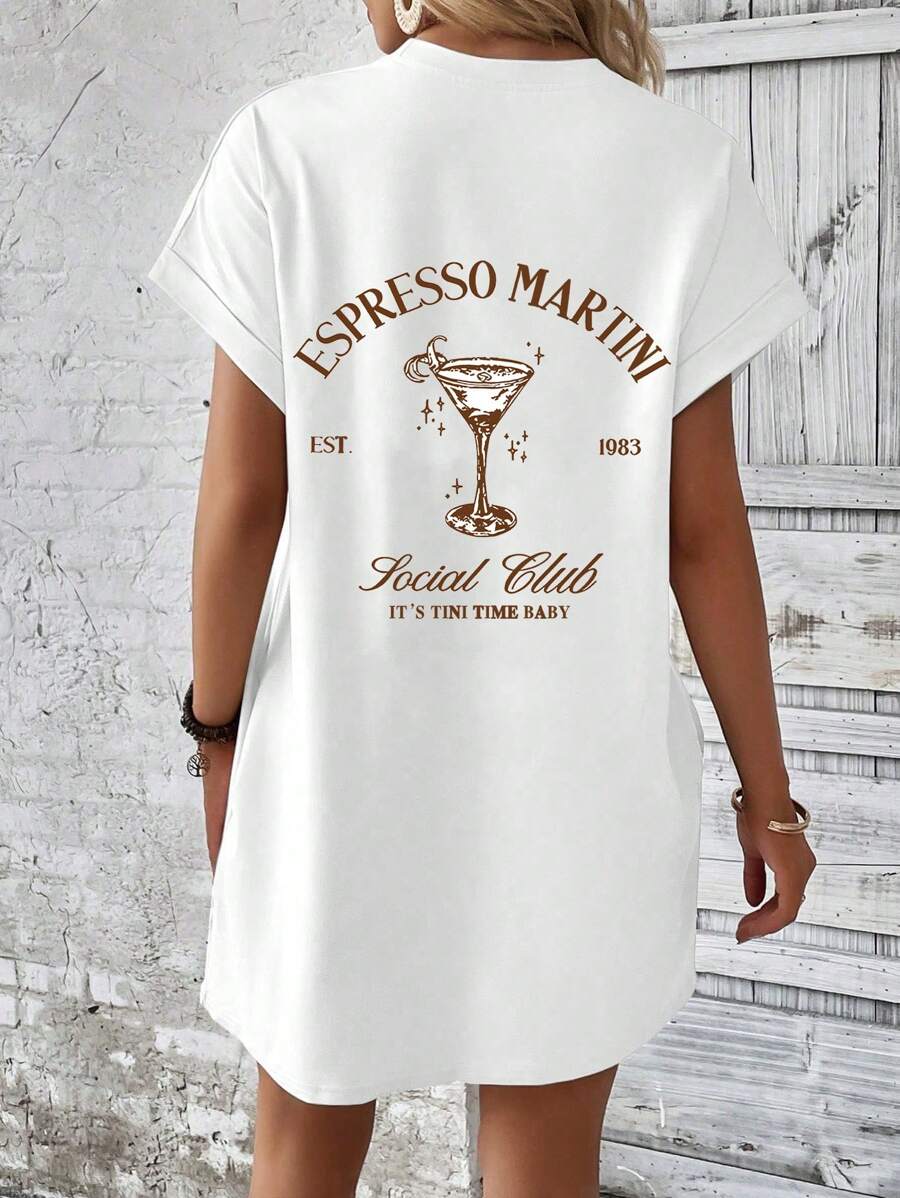 Silhoulove Women's Casual Vacation Beverage Letter Print Batwing Sleeve Dress - White - View 1