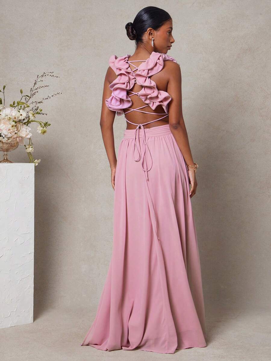 L'Amorae 女士优雅露肩荷叶边肩带褶饰细节镂空飘逸夏季长裙，女士婚礼宾客礼服，女士夏季服装，女士正式礼服 - 粉色 - 查看 1