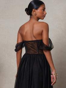 L'Amorae Vestido largo de noche sexy y elegante con hombros descubiertos, detalles de encaje y doble abertura lateral para invitados de boda - Negro - Ver 2