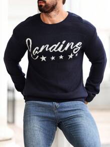 Manfinity Homme Jersey de cuello redondo casual con estampado de estrella de cinco puntas para hombre, para otoño/invierno - Negro - Ver 3