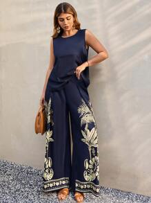 SHEIN Clasi Plus Size Women 2pcs Set, Solid Color Round Neck Sleeveless Top And Palm Tree Print Pants - Multicolor - View 6