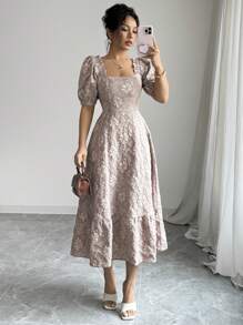 Elenzga 女式纯色迷你雏菊纹理修身腰泡泡袖休闲/度假连衣裙 - 卡其色 - 查看 7