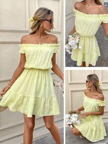 SHEIN LUNE Pale Yellow Summer Boho Vacation Holiday Butter Yellow Easter Dress,Off-Shoulder Short Dress For Women,Cute Graduation Wedding Guest Derby - Yellow - View 2