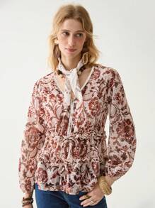 Florisole V-Neck Cap Sleeve Embroidered Bohemian Red-Brown Blouse For Summer - Coffee Brown - View 1