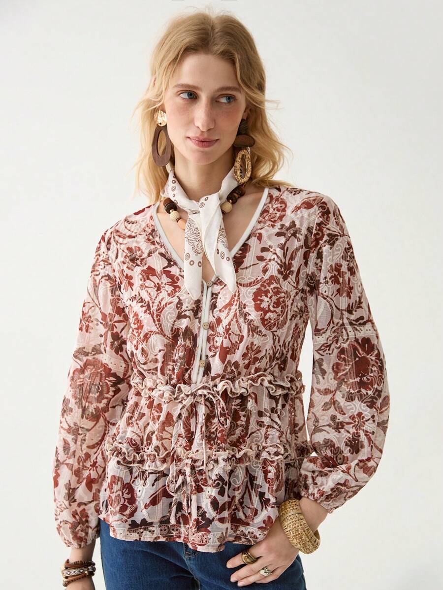 Florisole V-Neck Cap Sleeve Embroidered Bohemian Red-Brown Blouse For Summer - Coffee Brown - View 1