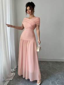 Modelyn 女式纯色弹性纹理拼布透视露肩连衣裙 - 粉色 - 查看 5