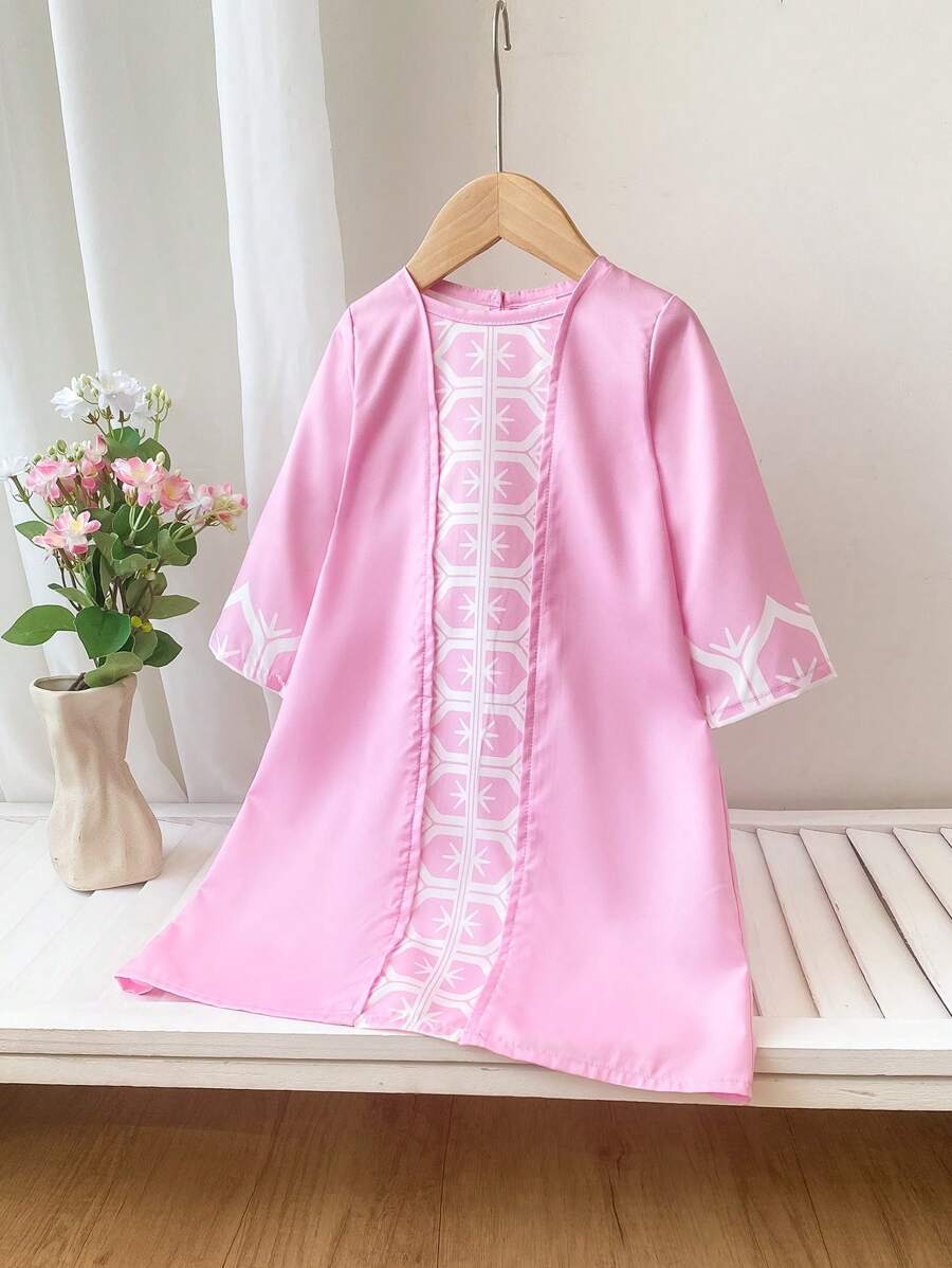 Baby Girl 0-3 Years Spring Summer New Arrivals All Season Casual Daily Wear Long Sleeve Round Neck Blue & White Dress Robe - Pink - View 1