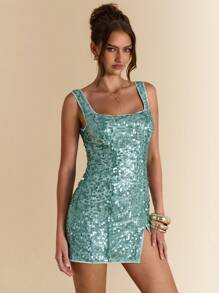 SHEIN BAE Mint Blue Sage Green Sleeveless Sequin Glitter Mini Dress With High Slit,Summer 70s Retro Club Party Sparkly Music Festival Brunch Vacation Clothing - Green - View 3