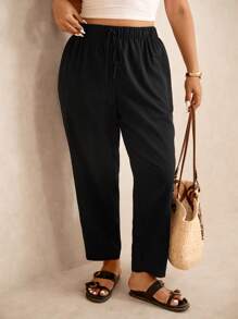 Elaquor 大码女式纯色休闲松紧腰七分裤，带口袋 - 黑色 - 查看 5