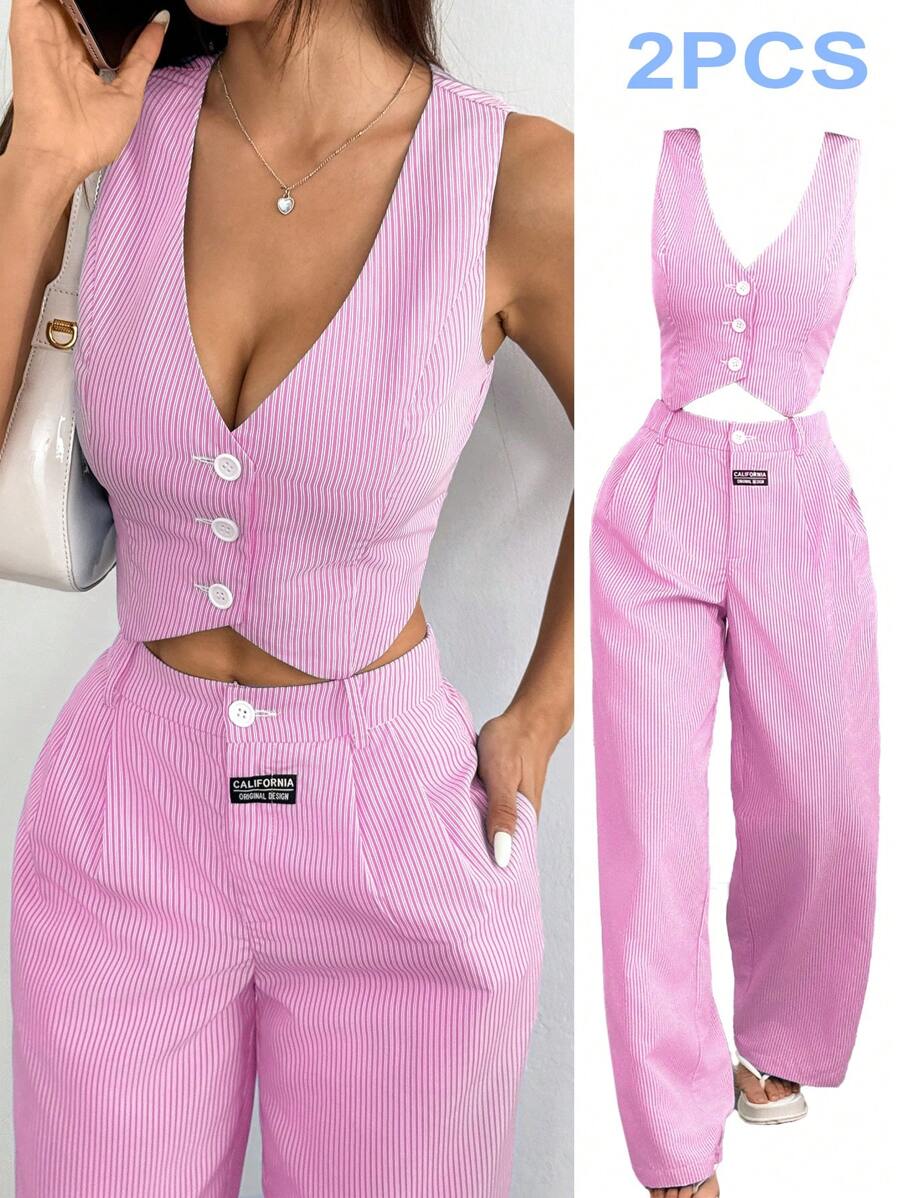 Solflare Rose Red Vest With Pants Sheer Plus Size Suit Set,Business Casual Woman In Fall/Winter - Hot Pink - View 1