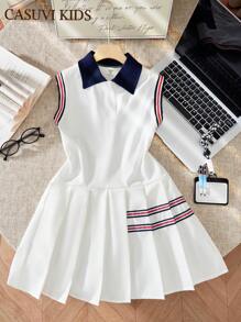SHEIN Young Girls Casual Fashion Lapel Sleeveless Pleated Dress - White - View 3