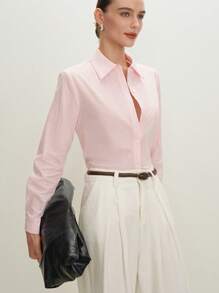 BizChic Women's Pink Classic Regular Shoulder Business Style Button-Down Long Sleeve Shirt, Suitable For Urban Commute, Office, And Casual Wear, Spring/Summer - Pink - View 4