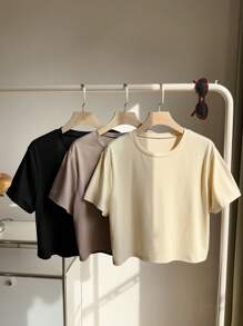 Comfortcana 3pcs/Pack Plus Size Basic Round Neck Colorful Short Sleeve T-Shirts, Casual Tops - Multicolor - View 3