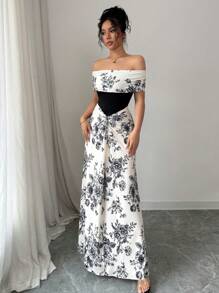 Rafferiza 女士浪漫露肩花卉印花拼接修身长裙，春夏 - 彩色 - 查看 5