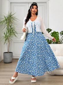 Solflare 2pcs Plus Size White Cardigan & Ditsy Floral Sling Dress Set,Summer Outfits For Women - Blue - View 3