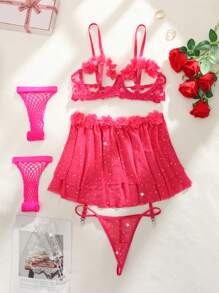SHEIN 5pcs/Set Romantic Countryside Series Underwired Hollowed-Out Sexy Lingerie Set - Hot Pink - View 8