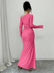 Elenzga Women's Elegant Fashionable Commuting Charming Long Sleeve Asymmetrical Collar Ruched Waist Bodycon Textured Knit Maxi Dress Fall Cloth For Women