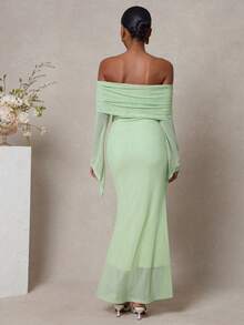 L'Amorae فستان ساتر شفاف مكشوف الكتف باللون الواحد - أخضر نعناع - مشاهدة 2