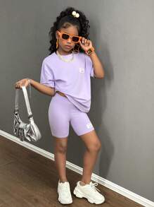 SHEIN 青少年女孩两件套宽松 T 恤和紧身裤套装，休闲时尚的日常穿着 - 紫色 - 查看 1