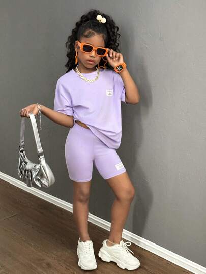 SHEIN 青少年女孩两件套宽松 T 恤和紧身裤套装，休闲时尚的日常穿着