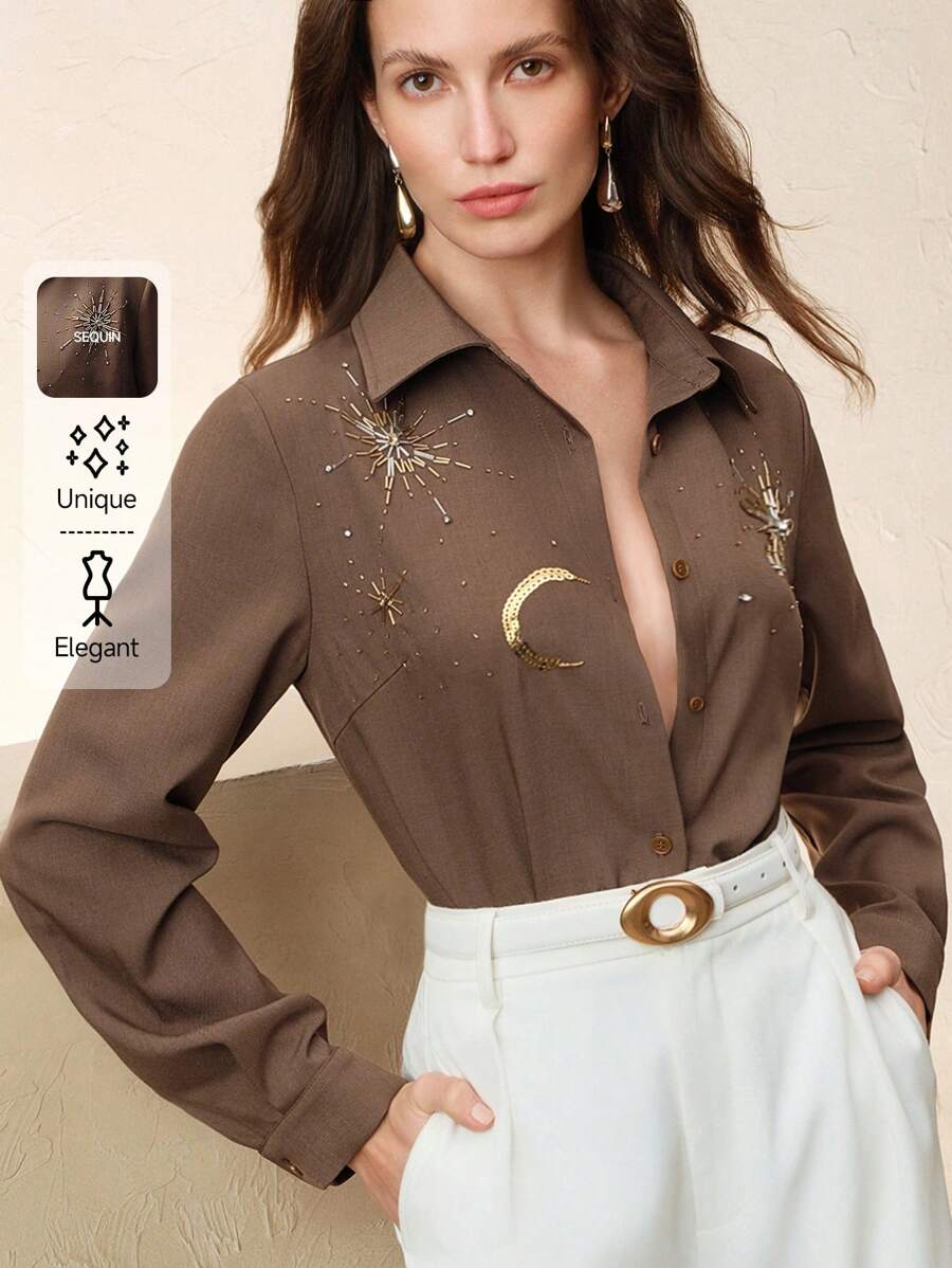 Anewsta 手工制作的亮片和刺绣月亮和星星装饰女式衬衫上衣，春季节日、外出、度假服装